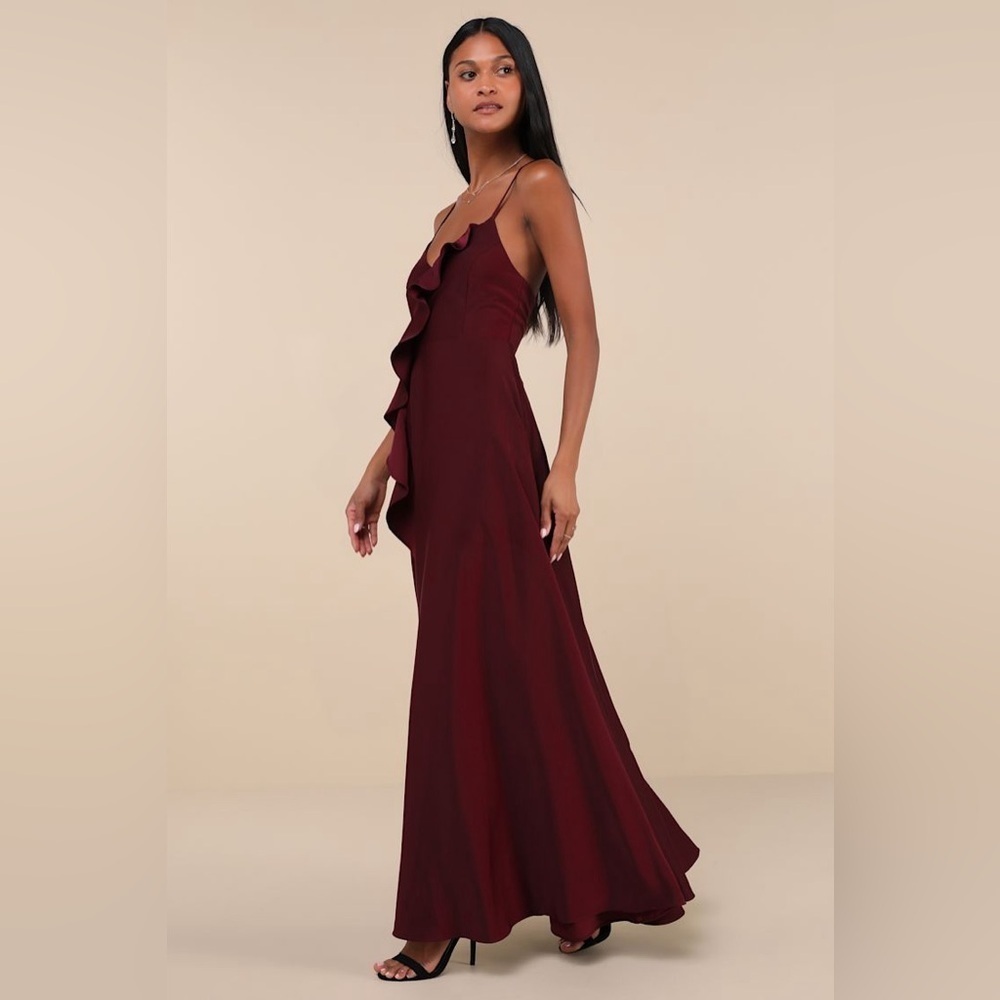 NWT Lulus Stylish Grace Dark Plum Backless Lace-Up Ruffled Maxi Dress, Small - Picture 2 of 15